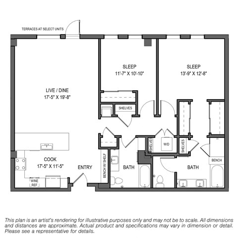 Floor plan for 2 beds, 2 baths, 1415 sqft